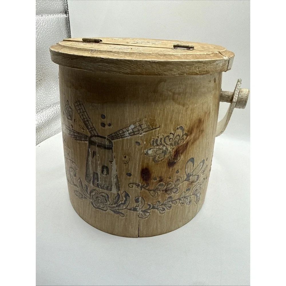 Antique Vintage  WOODEN FIRKIN SUGAR BUCKET Painted  Swing Handle & Lid